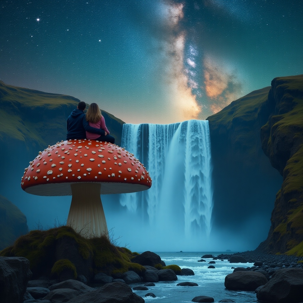 Surreal landscape features a couple sitting on a giant mushroom. They gaze at a majestic waterfall. The scene has a starry night sky with Milky Way. It casts a soft glow over the rushing water. The oversized mushroom contrasts with natural beauty, creating a whimsical atmosphere.