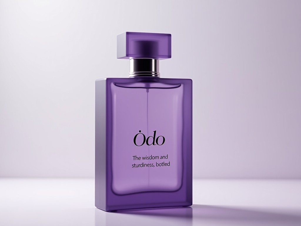 The image showcases a stylish perfume bottle named 'Ódo'. The bottle is predominantly purple with a sleek design. It features a simple and elegant label that reads, 'The wisdom and sturdiness, bottled.' Soft lighting enhances the bottle's form, creating a luxurious look. The background is minimalistic, focusing the viewer's attention on the bottle. This image could be used in beauty advertisements or product listings.