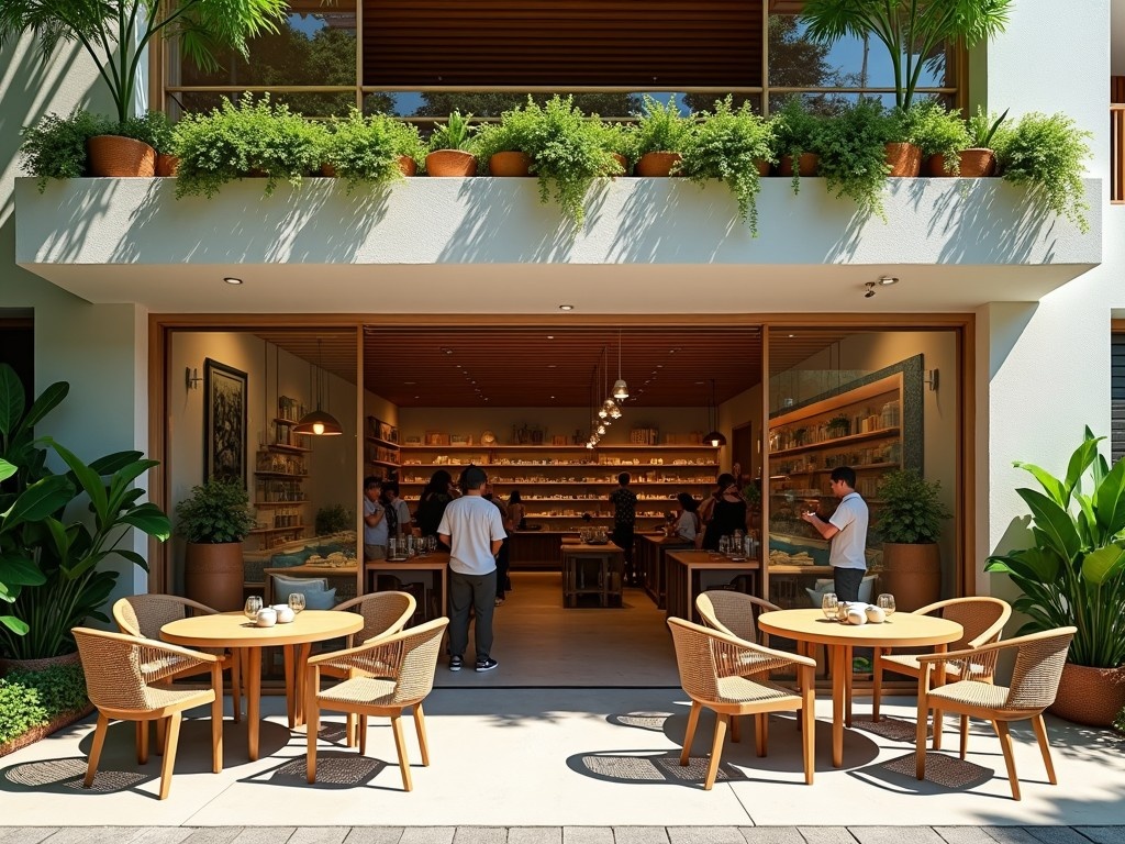 The image features ECO-CONUT SHOP, a modern retail space with an open area on the second floor. It has two tables with chairs situated outside, inviting guests to enjoy their space. The exterior is adorned with lush green plants and warm wood accents. Inside, shelves are filled with an array of products, appealing to customers exploring the shop. The setting is bright and welcoming, perfect for a casual shopping experience.