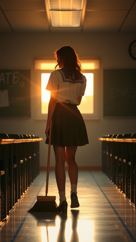 A silhouette of a student in uniform, holding a broom, stands at the center of an empty classroom illuminated by the warm, golden glow of a setting sun. The light streams through the window behind her, creating an aura and casting long shadows on the floor. The scene captures a moment of stillness and introspection as day turns to evening.