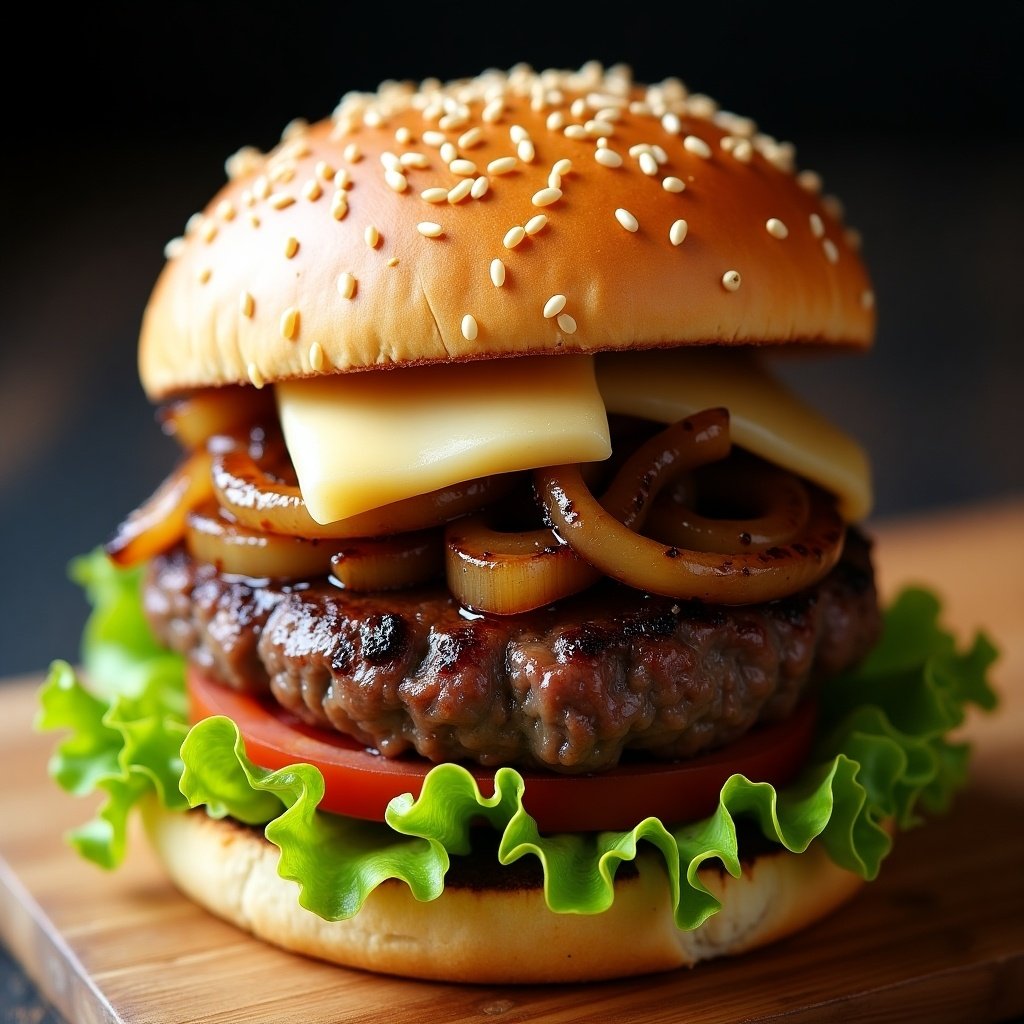 Hamburger with a beef patty onion and foie gras. Topped with cheese and lettuce on a sesame seed bun. Made with fresh ingredients. Showcases layers of flavor.