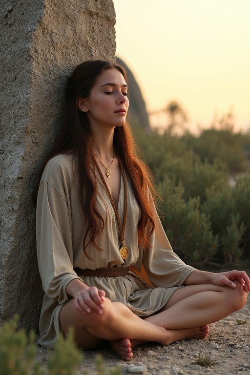 Young woman with long hair sitting cross-legged. She leans against a menhir. Natural-colored robe and leather belt. Golden medallion around her neck. Meditating peacefully. Menhir towers above her. Evening light creates a serene atmosphere. Dense shrubs surround the menhir. Stony ground with sparse wild herbs.