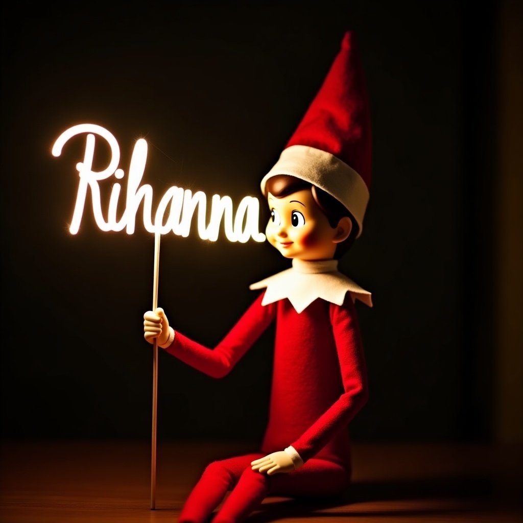 Image of an Elf on the Shelf character in red and white clothing. Elf holds a glowing stick forming the name Rihanna. Dark background enhances the glowing letters. The scene evokes a festive, magical atmosphere of Christmas.