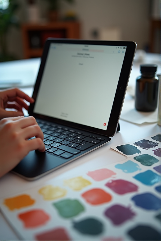 A tablet in keyboard mode on a desk with a color swatch palette alongside and a hand typing on the keyboard.