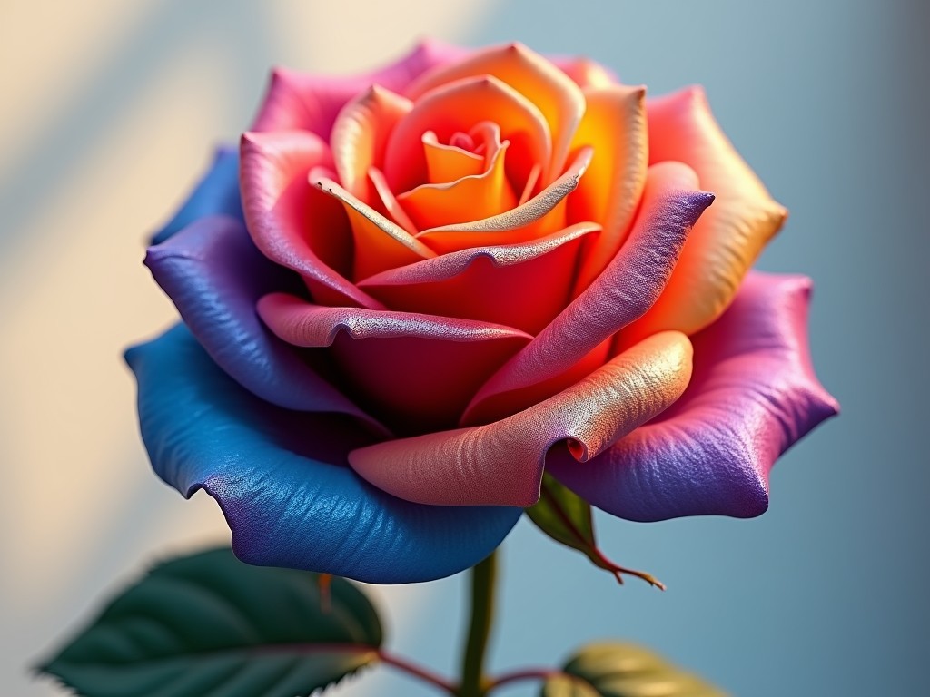 A stunning close-up of a rose displays a mesmerizing blend of colors, from deep blue to vibrant orange, seamlessly transitioning across its petals. The flower is sharply in focus, highlighting the intricate details and velvety texture of each petal, while the soft, blurred background creates a calm and delicate atmosphere. The lighting gently illuminates the rose, enhancing its vivid colors and giving the image a serene, almost ethereal quality.