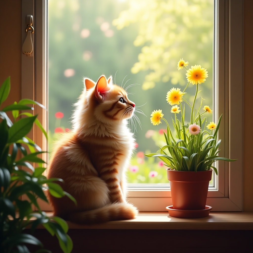 Cat sitting on a windowsill looking out into a garden. Flowers in a pot on the sill. Soft light coming through the window.