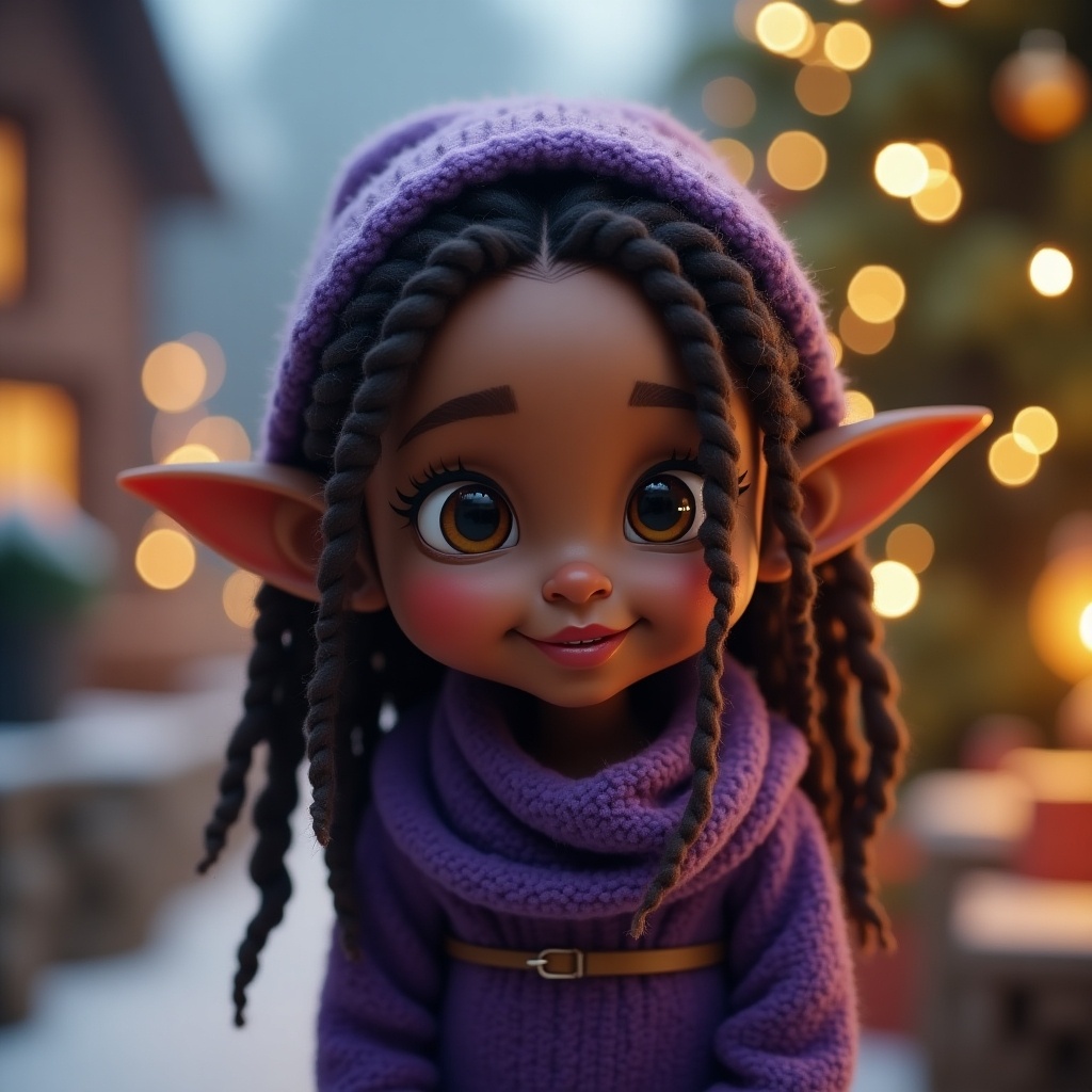 A chocolate skinned girl elf with pointed ears is in front of a Christmas scene. Elf has brown skin with long dreadlocks. She is dressed in purple and has a mischievous smile. Christmas decorations are blurred in the background.