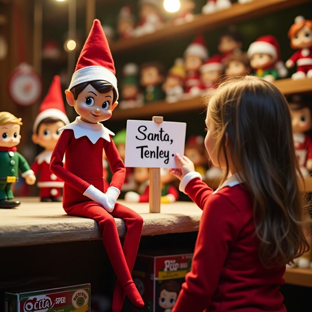 Elf holds a sign in Santa's workshop. Funko Pops visible in background. Festive decorations create a cheerful atmosphere. Elf greets Tenley.