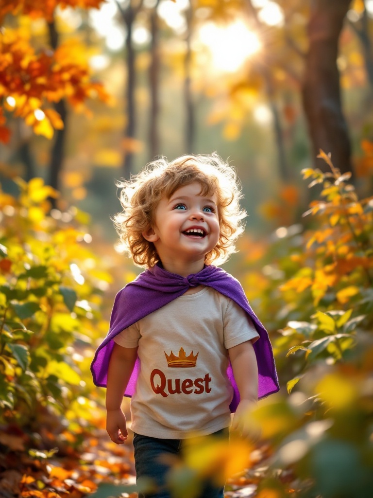 Joyful four-year-old child wanders vibrant forest. Colorful foliage surrounds child with warm sunlight shining through leaves. Child wears purple cape and shirt with word Quest. Eyes show awe towards towering trees. Leaves shimmer with various colors. Laughter mixes with nature sounds. Scene embodies spirit of adventure and curiosity.