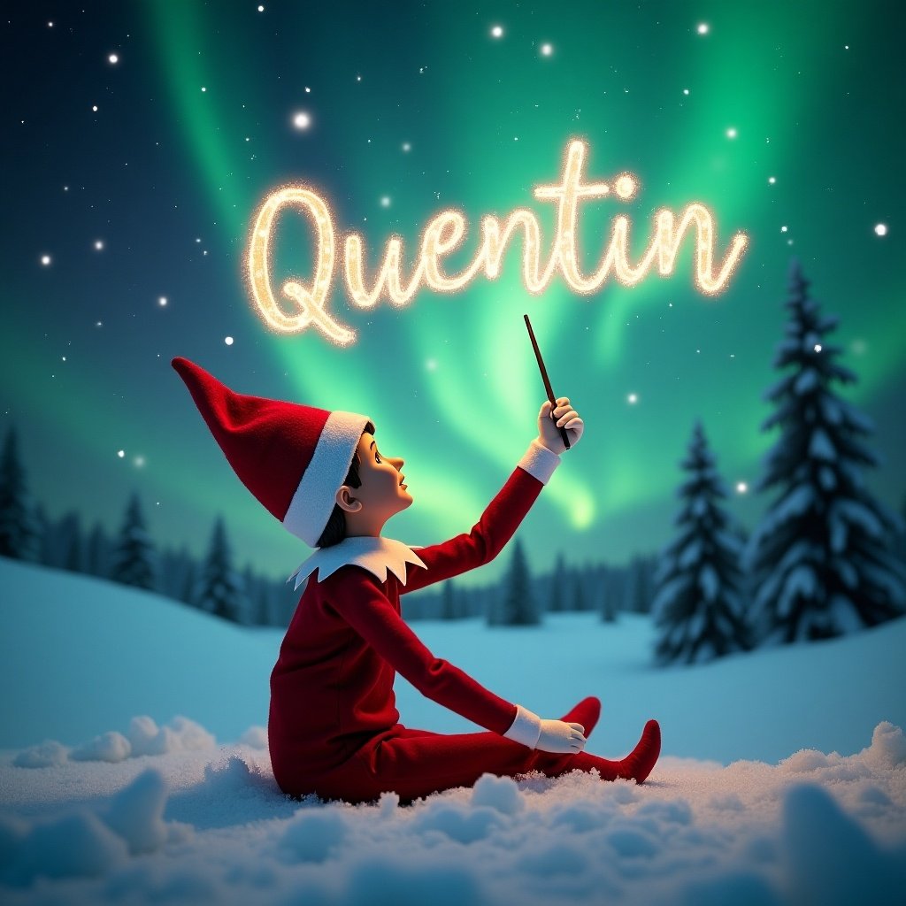 Elf character sitting in snow gazing at the sky. Magic wand writing name 'Quentin' in elegant letters. Northern lights provide colorful background. Red outfit contrasts with snow. Scene captures holiday enchantment and magic.