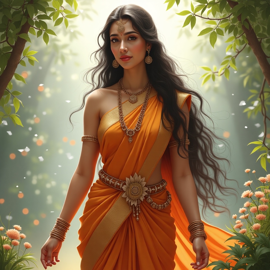 Full-body portrayal of Mata Sita in a traditional Indian saree, surrounded by nature. The figure radiates grace and divinity.