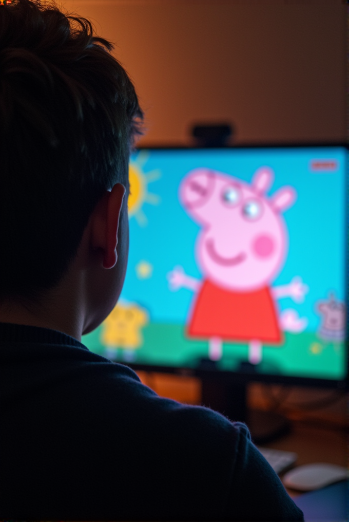 A child is watching an animated cartoon character on a computer screen.