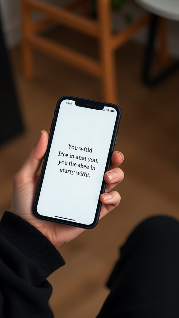 A person is holding a smartphone displaying scrambled text on the screen.