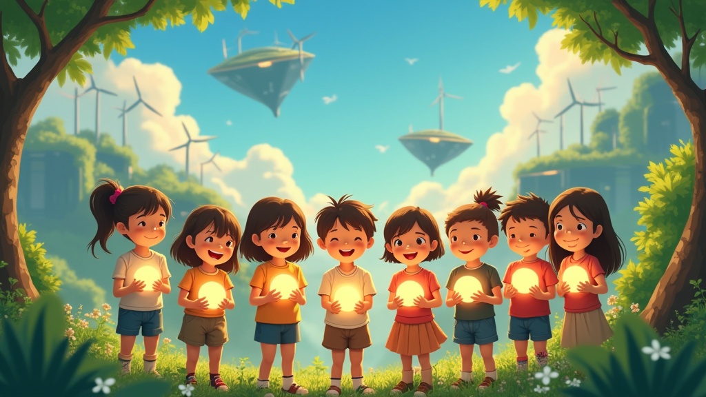 Scene inspired by solarpunk in a Ghibli art style. Group of diverse children are together holding glowing globes. The globes give off warm light. Lush greenery is around them, with eco-buildings in the background. Bright sky features floating wind turbines and solar panels. Textures are soft and painterly with rich details. Colors are warm in greens, blues, and golden sunlight. The atmosphere conveys joy and optimism.