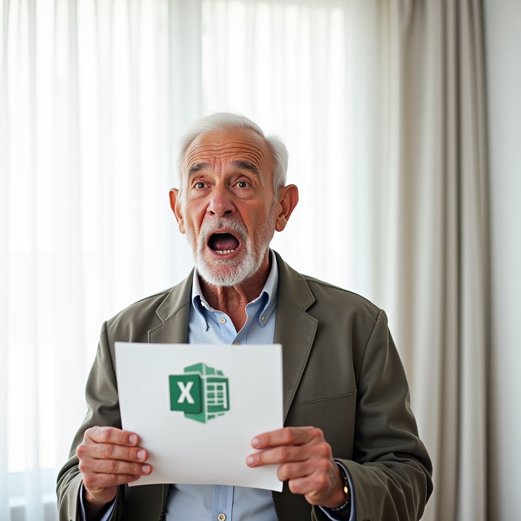 An elderly man looks surprised while holding a paper with the Excel logo.