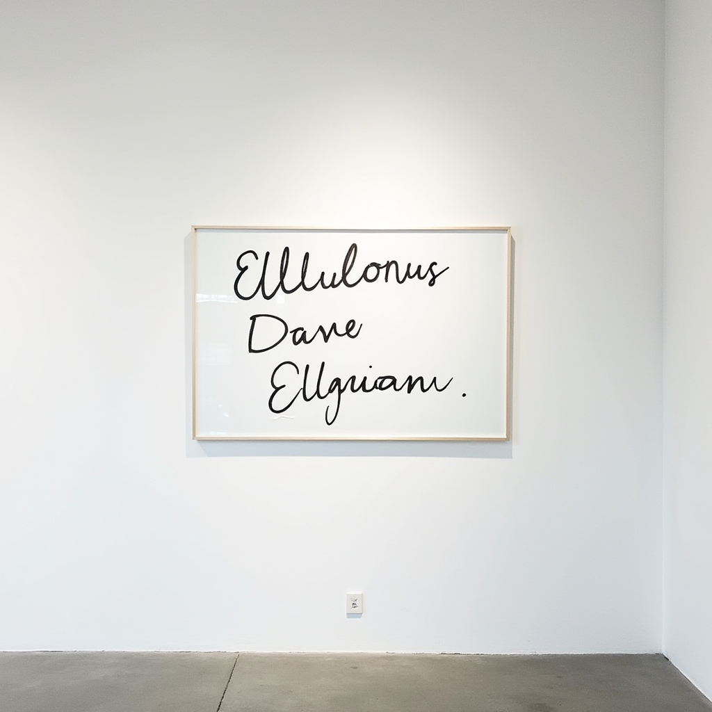 A framed piece of minimalist art with handwritten words is displayed on a white gallery wall.