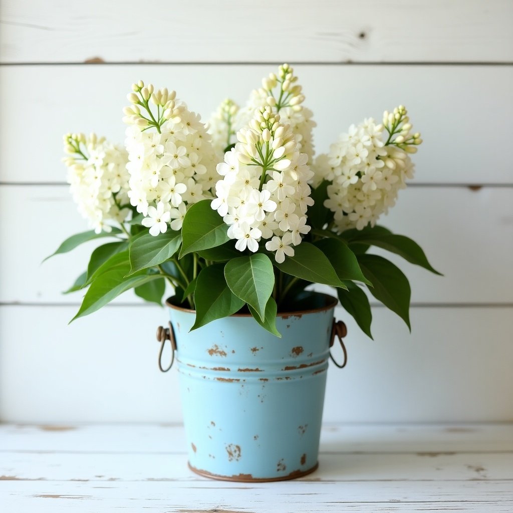 Realistic photo of a bouquet of white lilac flowers with green leaves arranged in a distressed light blue metal bucket. Background is white wooden panels creating a rustic vintage feel. Flowers are in full bloom with vibrant green leaves creating contrast.