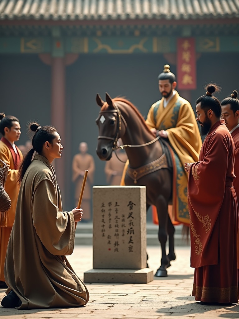 Hyper-realistic photo depicting pivotal moment in ancient China. Kneeling man holds bamboo board with respect. Eyes fixed, solemn expression. Young emperor on horse with golden robe and dragon embroidery. Attendants in muted robes surround him. Royal canopy enhances atmosphere. Stone stele with inscriptions in view. Grand palace background with wooden pillars and tiled roofs.