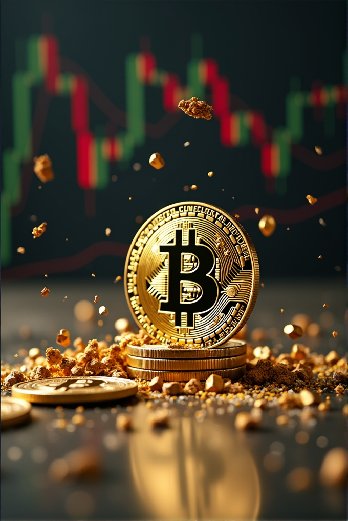 A close-up view of a stack of gold Bitcoin coins surrounded by golden debris, set against a backdrop of a financial chart with red and green candlesticks.