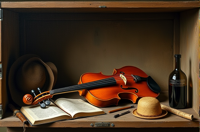 A violin with a bow beside an open book, two hats, a wine bottle, and a scroll, all arranged neatly within a wooden cabinet.