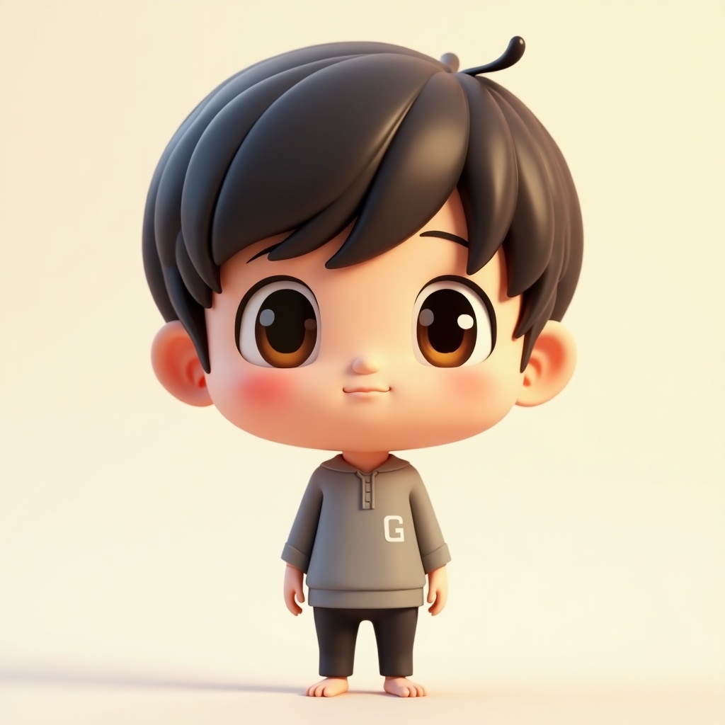 3D character of a young anime boy with big brown eyes and bowl cut dark brown hair. Slender figure and minimal clothing. Standing barefoot with a neutral expression.