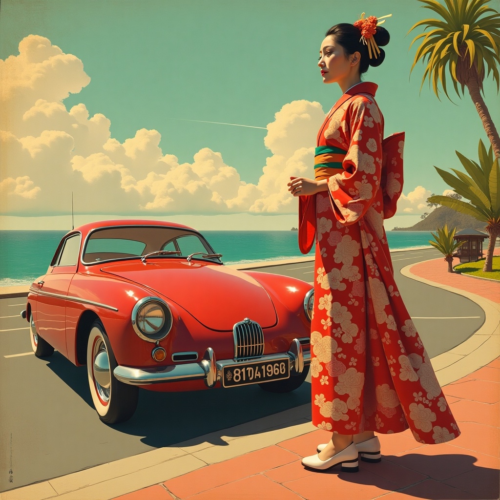 This image captures a vibrant scene blending traditional and mid-century aesthetics. A Japanese woman elegantly dressed in a red kimono with floral patterns stands near a stunning 1950s classic car. The background features a bright coastal landscape, enhancing the vintage vibe. The warm colors and soft lighting evoke a sense of nostalgia and cultural pride. This artwork highlights the harmony between tradition and modernity in a picturesque setting.