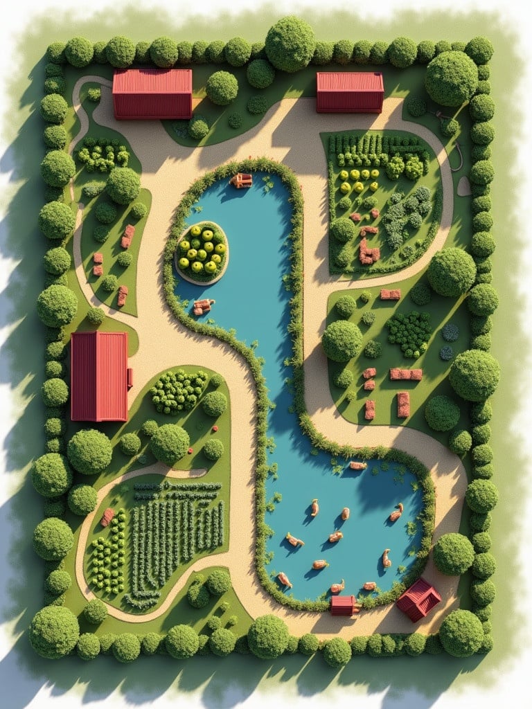 Detailed farm model layout showcasing various agricultural units. Features include a well-ventilated dairy unit with horses composting pit. Integrated pond used for fish farming near duckery area. Horticultural plants and fruit trees on the perimeter. Large area designated for crop production divided into plots with irrigation system. Pathways for easy movement throughout the farm.