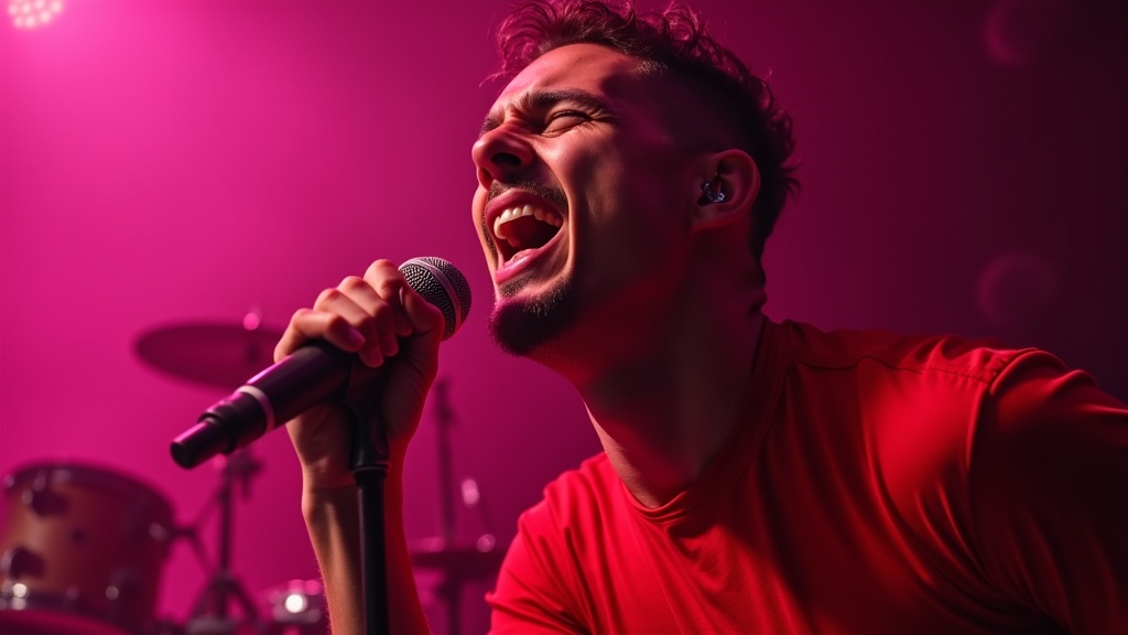 Close-up of a passionate male performer mid-song. Intense emotion with slightly parted lips and closed eyes. Leaning towards the microphone. Raw energy and emotional connection to performance. Dressed in vibrant red stage clothing. Dramatic lighting with silhouettes of instruments in background. Sharp rim lights and soft pink hues create intensity. Shallow depth of field focuses on expressive face.