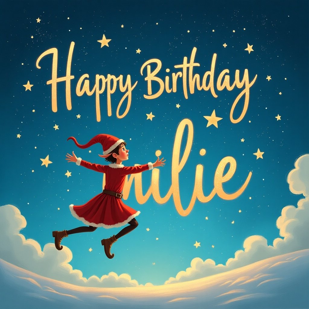 Elf floating in the sky writing Happy Birthday Millie with stars and clouds in the background. Bright colors create a cheerful atmosphere. The elf wears a festive outfit. The text is large and prominent. A magical scene celebrating a birthday.