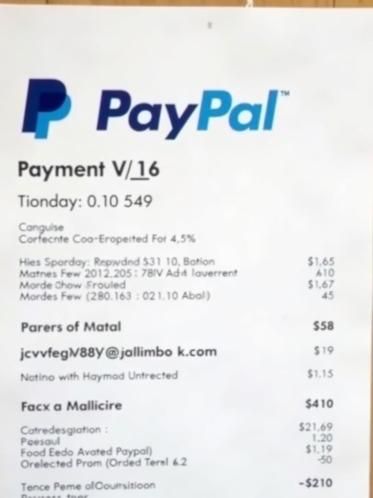 Document shows proof of payment from PayPal. Payment made to jcvbfeg00889@outlook.com. PayPal logo is visible. Transaction amount is $58. Conversion fee of 4.5% is included.