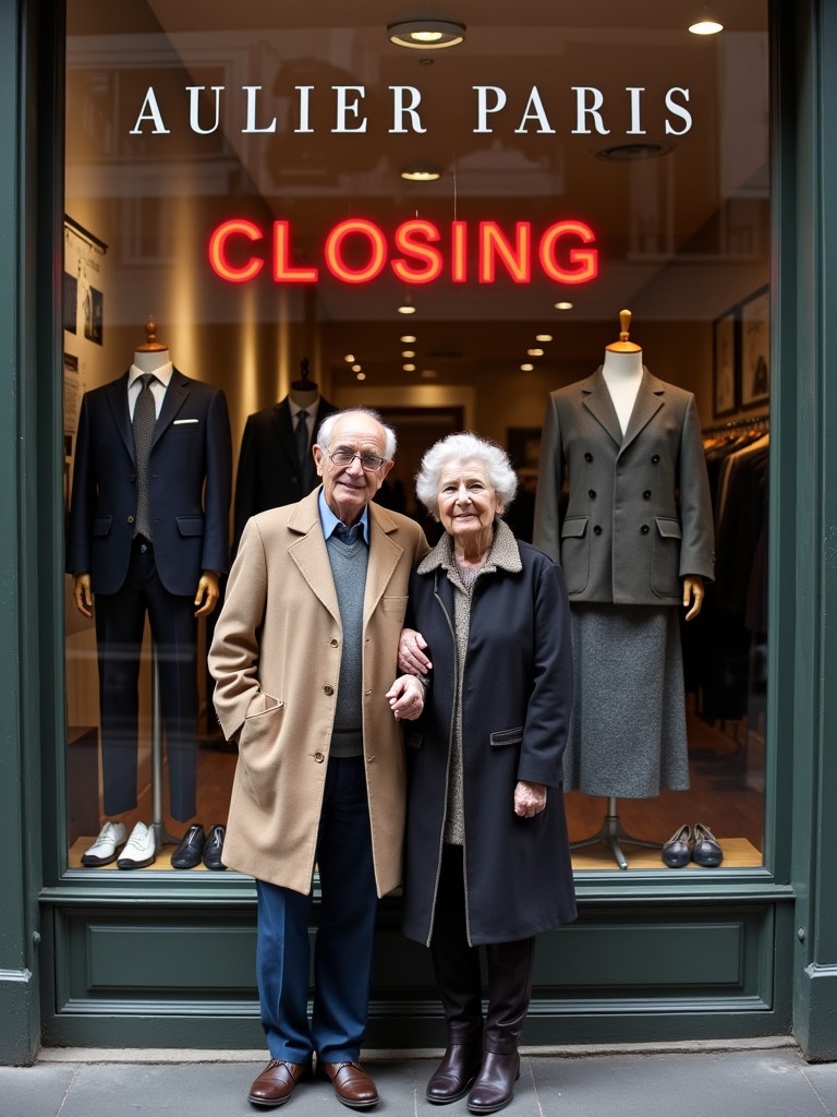 Elderly couple stands arm in arm outside boutique named Aulier Paris. Boutique displays tailored garments and shows red closing sign. Couple appears nostalgic and proud in front of beloved store.