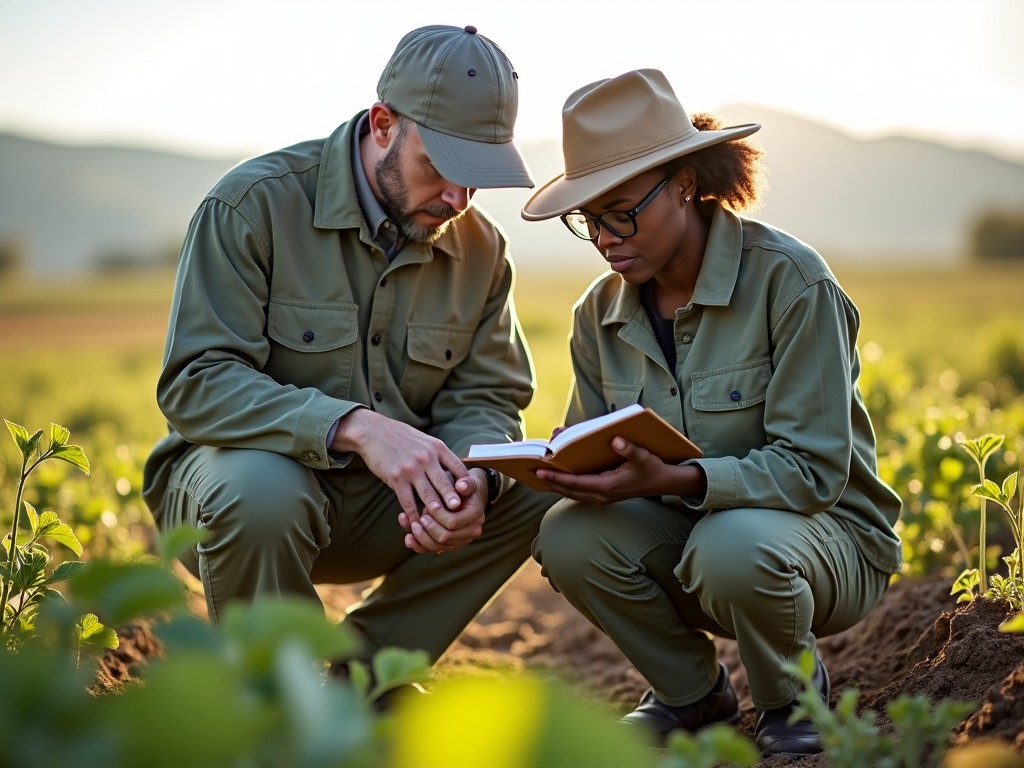 The image shows two environmental consultants, a male and a black female, working in a field. They are dressed in professional outdoor gear, focusing on a notebook as they inspect soil samples. The setting features lush greenery, gentle hills in the background, and soft sunlight illuminating the scene. This conveys a sense of teamwork and environmental responsibility. The consultants are utilizing modern tools to ensure accurate observations. The atmosphere reflects a commitment to sustainable practices and collaboration in nature.