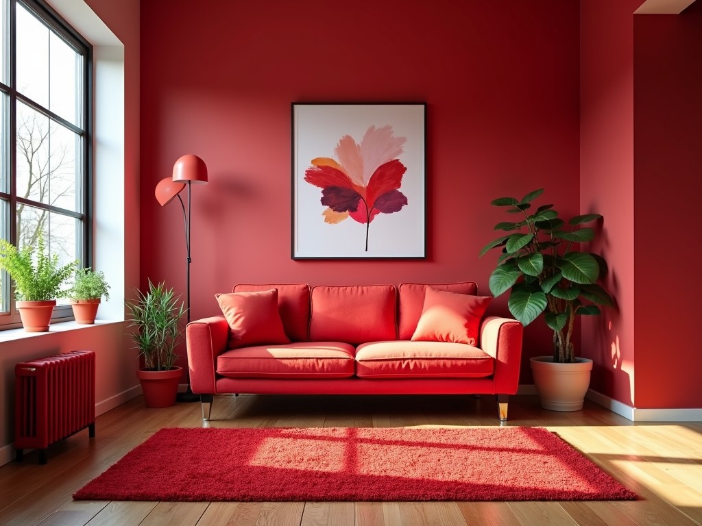 A modern living room bathed in red hues features a vibrant red sofa set against a matching wall. A striking piece of art depicting abstract floral shapes in complementary colors hangs above the sofa. The room is accented with indoor plants, a red floor lamp, and natural light streaming through a large window, creating a warm and inviting atmosphere.