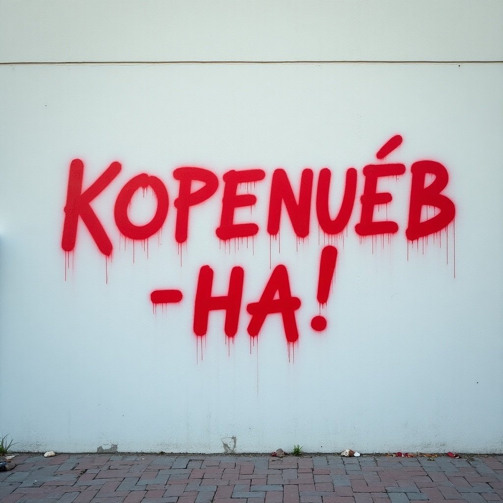 A large light grey wall with a handwritten phrase 'KOPENUEB - HA СВО!' spray painted in red.