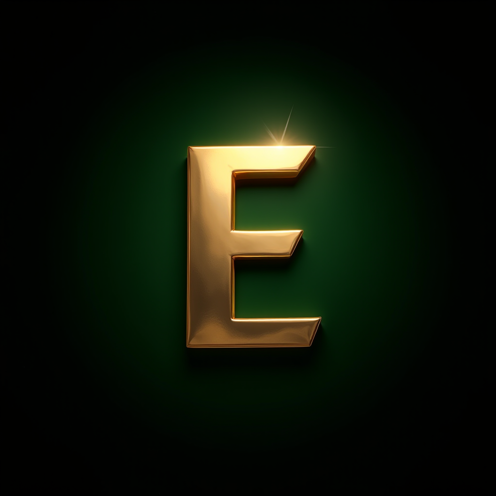 A golden letter 'E' with a shiny surface on a gradient dark green background, with a star-like gleam highlighting its top right corner.