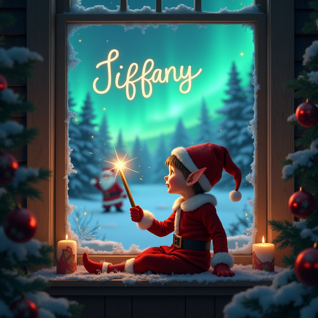 Enchanting image of young elf by window during Christmas. Elf dressed in festive outfit, joyfully using wand to write 'Tiffany' in sky. Breathtaking northern lights in background with Santa Claus nearby. Peaceful winter wonderland with snow-covered trees and glowing ambiance captures spirit of childhood wonder.