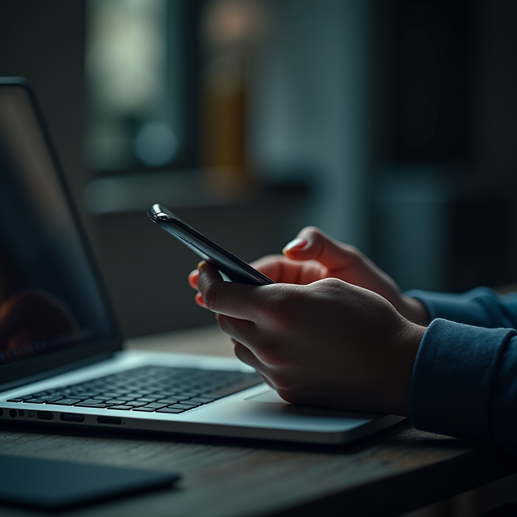 A person holding a smartphone next to an open laptop on a wooden desk.