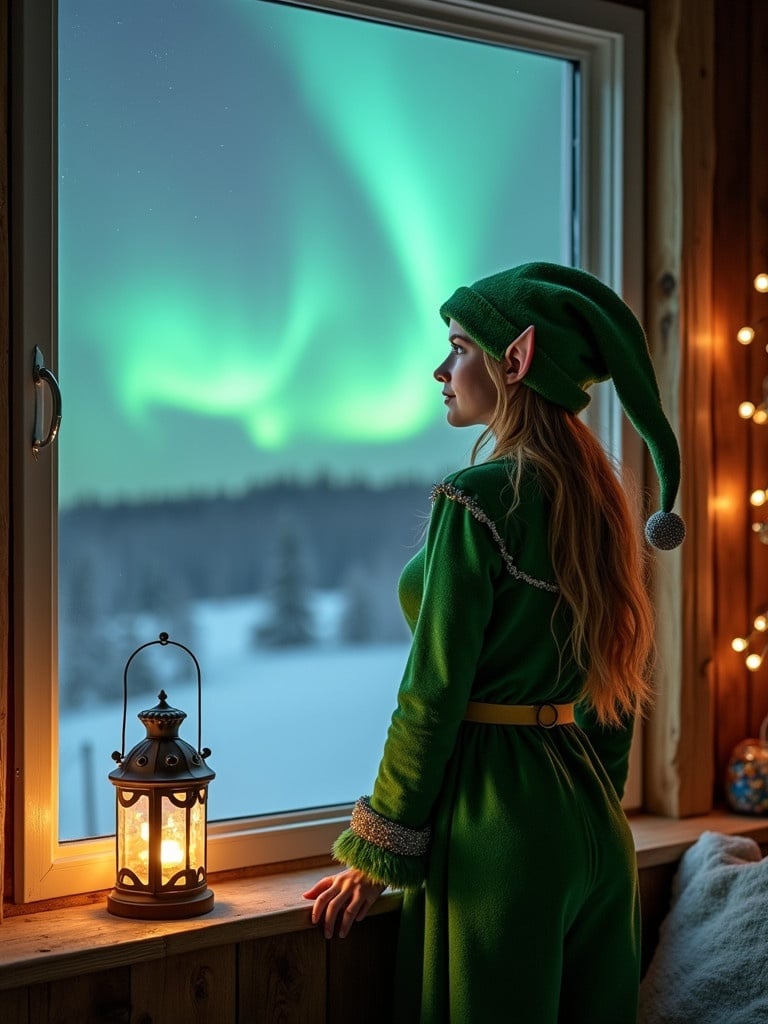 Elf gazes at the northern lights from a window. Winter landscape features snow. Elf wears a green costume and pointed ears. Lantern provides warm glow. Magical atmosphere evokes joy.