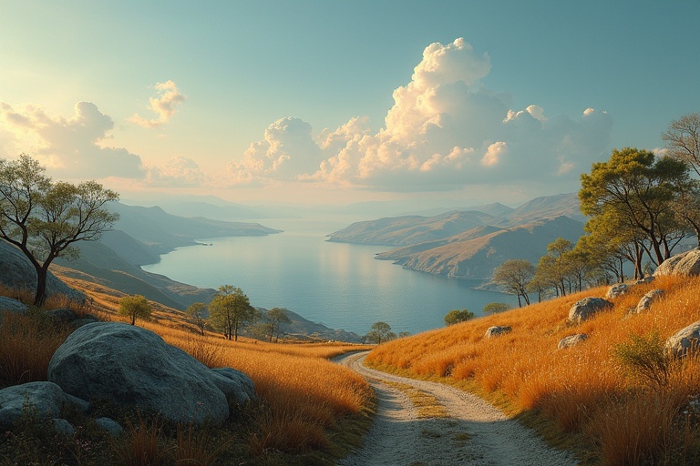 A landscape view showcasing a winding dirt path leading towards a calm water body surrounded by mountains. Soft golden hour light casts a warm glow over golden grasses and scattered trees. Cloud formations reflect in the water creating a tranquil scene.