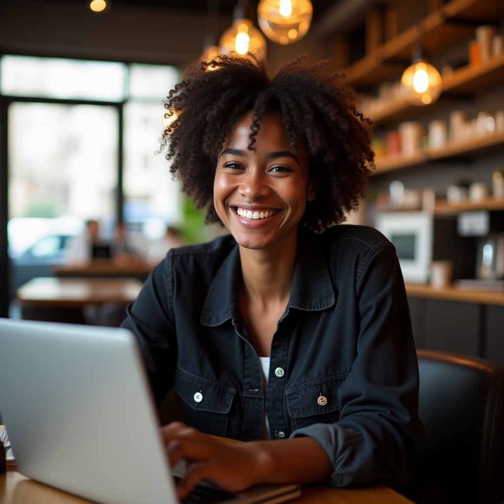 This image depicts a joyful young woman sitting in a cafe while using her laptop. She has a beautiful, curly hairstyle and is wearing a smart black shirt. The atmosphere is warm and inviting, enhanced by the soft lighting and cozy furniture. Her smile conveys happiness and confidence. The background features shelves of books and other people working, adding to the vibrant environment. This setting suggests productivity and comfort, making it an ideal place for creativity and work.