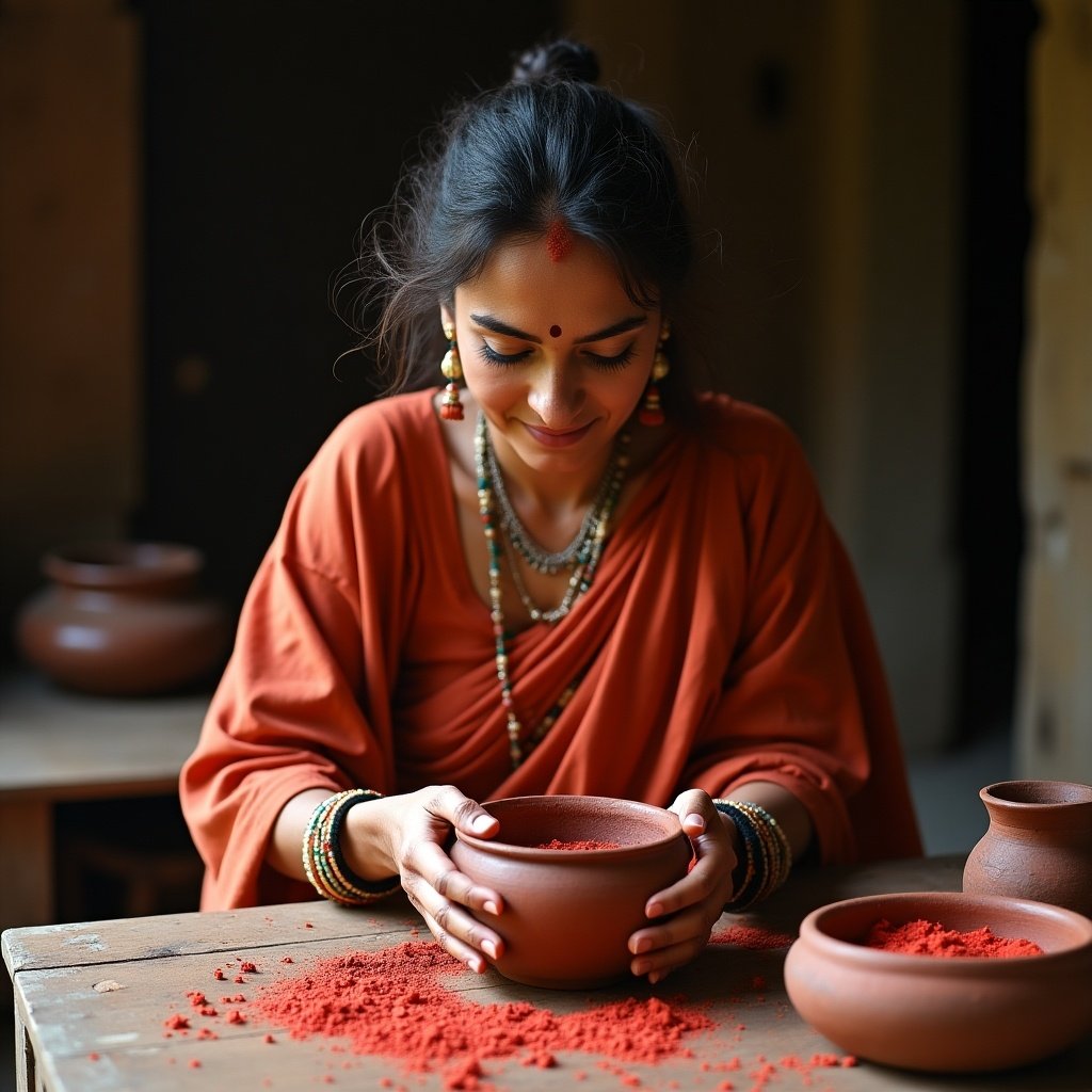 A beautiful Indian woman in traditional attire sits by a rustic table mixing sandalwood powder and rose water in a clay bowl.