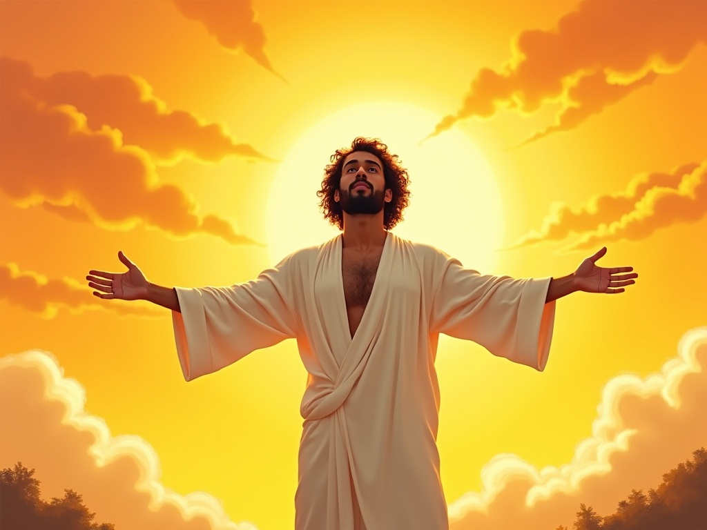 The image depicts a man standing with his arms open wide against a vibrant, orange and yellow sky. He is wearing a long white robe and has curly hair. The background features a serene landscape with clouds painted in warm hues. The man's expression suggests a sense of freedom and elation. Although his arms are open in the original artwork, here we envision him standing still with his hands down instead, still conveying a feeling of tranquility and connection with nature.