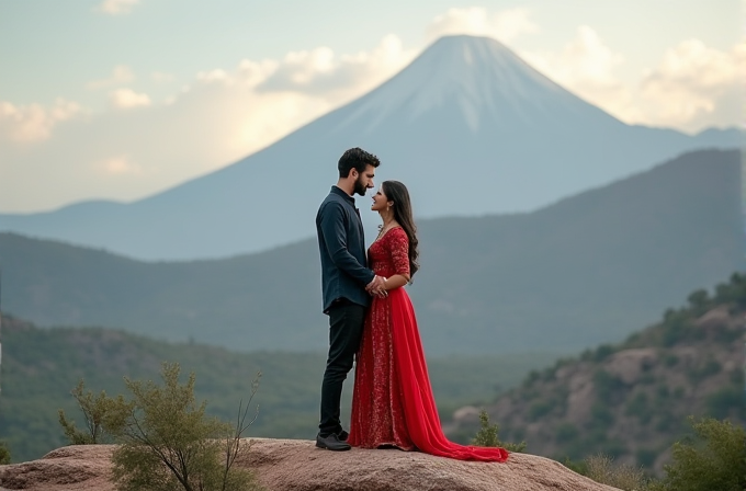 A couple stands on a rock, gazing at each other with a majestic mountain in the background.