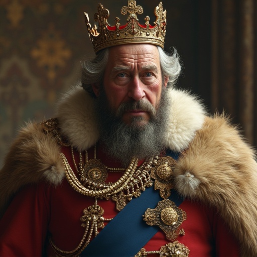 A regal king figure stands confidently in rich royal attire. The figure features a vibrant blue sash and gold embellishments. The majestic crown adds authority. The setting hints at opulence with detailed decorative elements in the background. The visual embodies themes of monarchy and biblical significance.