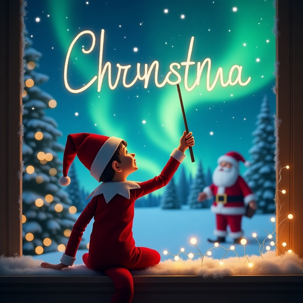 Elf on the shelf sits with back to the viewer. Elf writes name in the sky using wand. Magical Christmas scene with northern lights and Santa in the background.