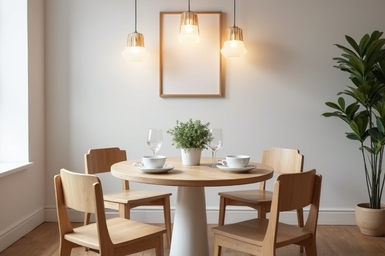 Modern coffee shop interior with cozy atmosphere. Wall features empty frame for art and hanging lamps. Round wooden table set for two with white plates small plant pot glasses. Four simple wooden chairs in minimalist style. Elegance from wooden floor.