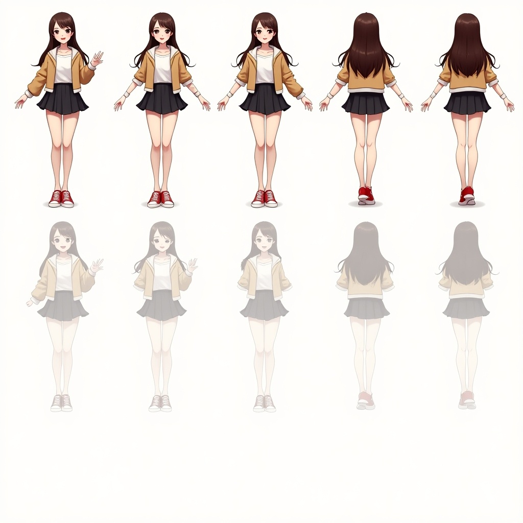 Anime-style character sheet with cheerful woman. Long brown hair. Comfortable jacket. Stylish black skirt. Red sneakers. Ten images for walking animation views.