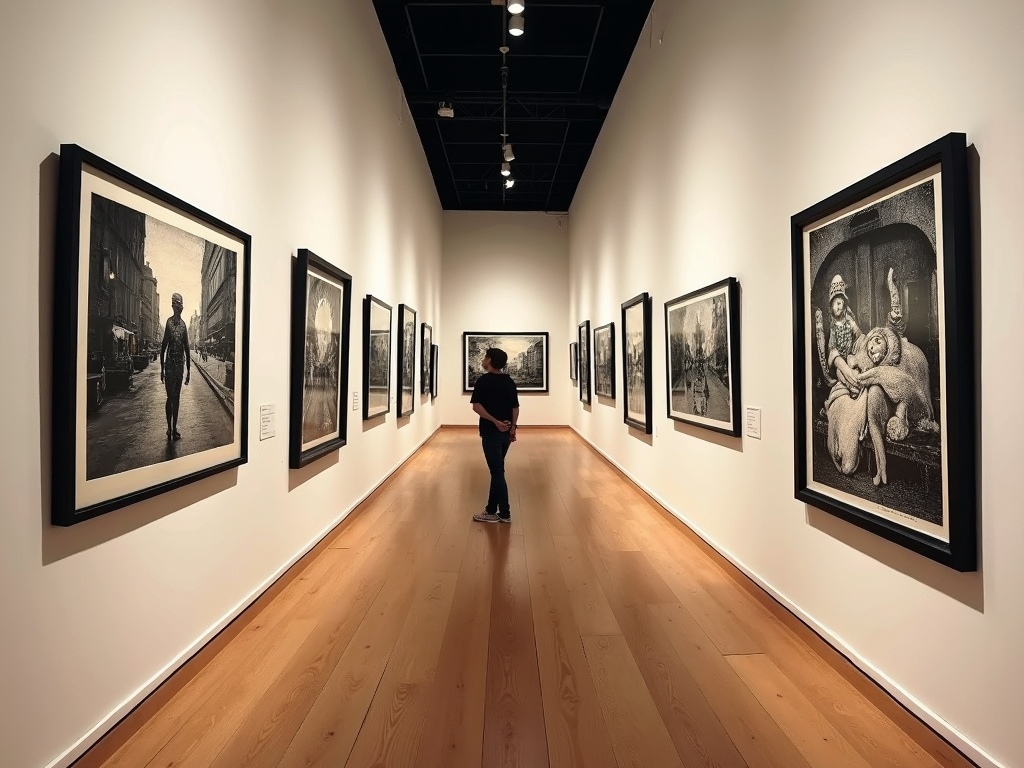 A person is viewing black and white photographs in an art gallery.