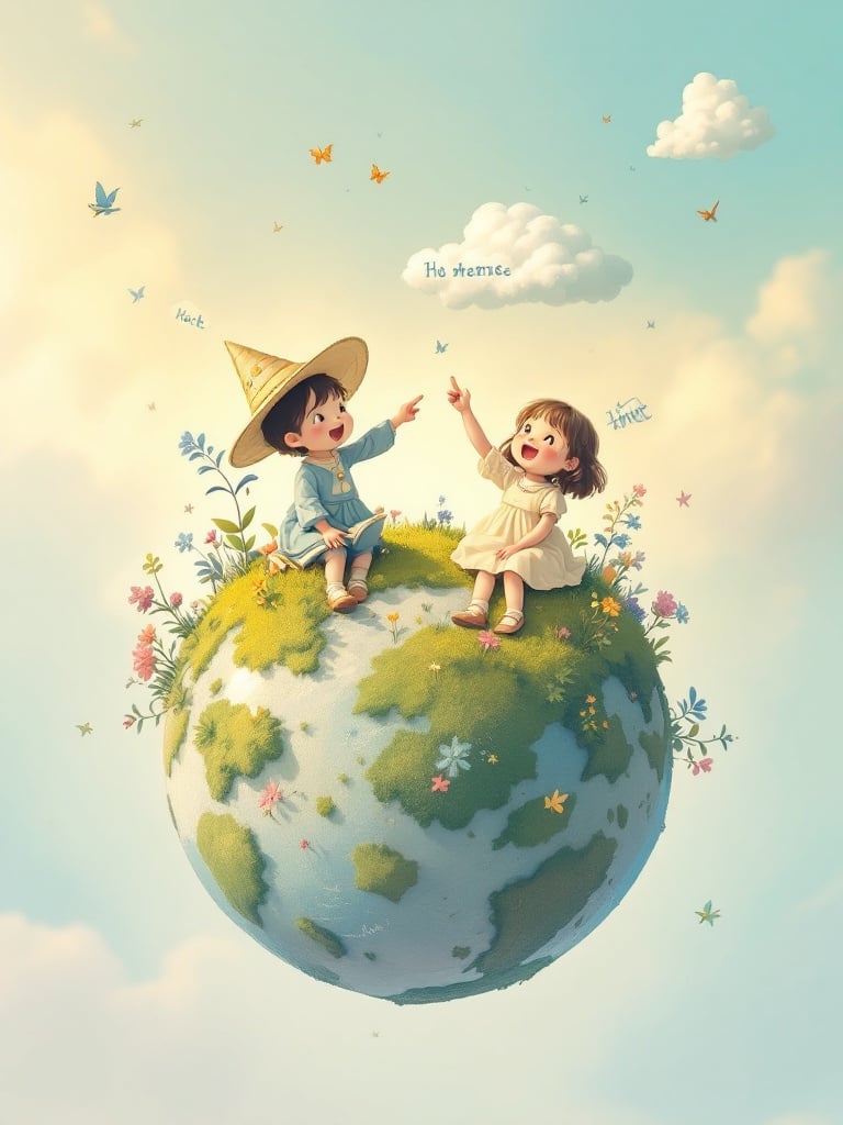 Two young children learn together on a small planet. Each child expresses joy and curiosity. The environment shows lush flowers and soft clouds. The atmosphere radiates with enchantment and dreams.