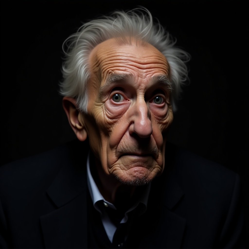 Elderly person with deep wrinkles captured in soft lighting. Dark background enhances the subject's expression and emotion.